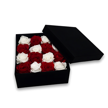 Forever Red And White Roses In A Black Box.