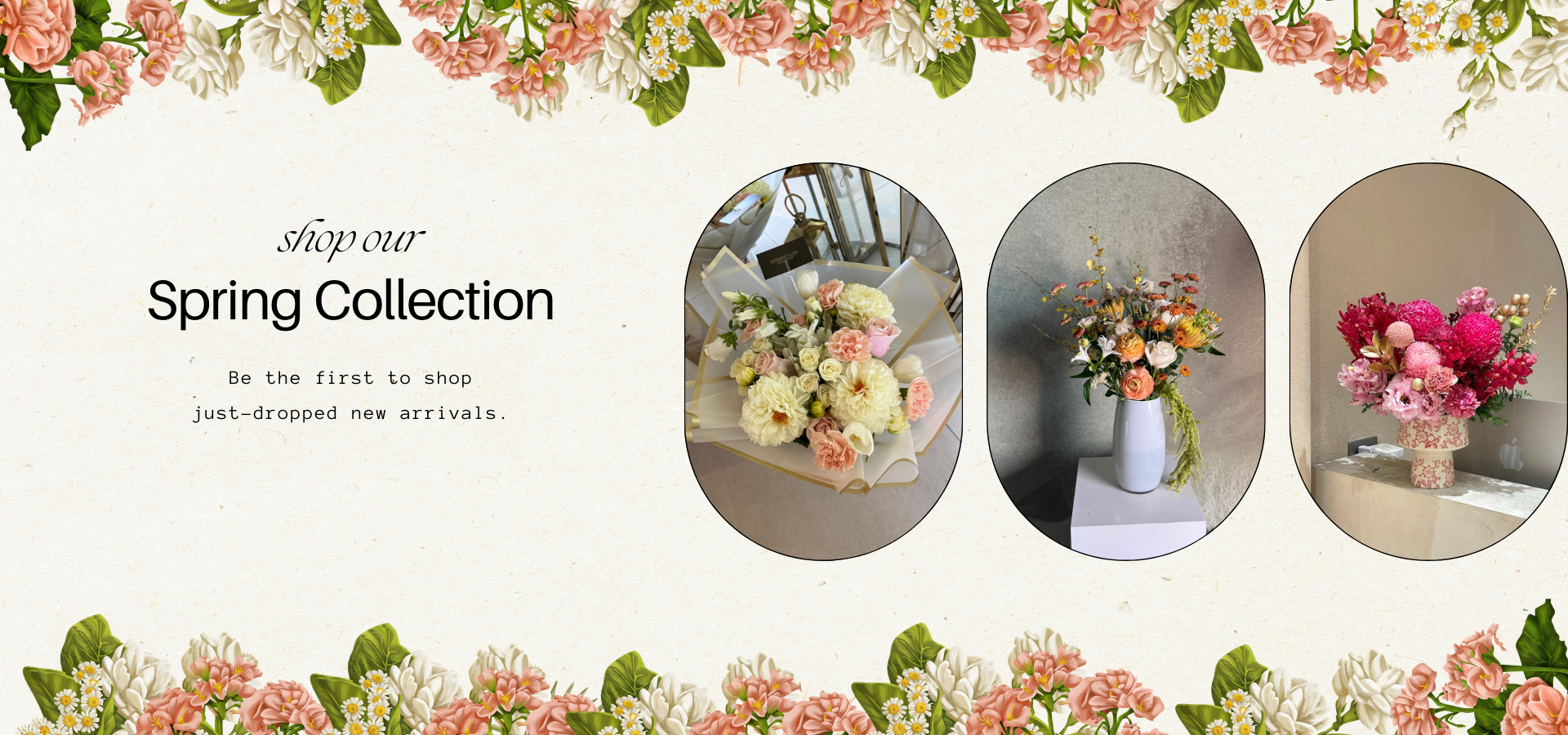 Promotional banner for a spring collection featuring floral arrangements.