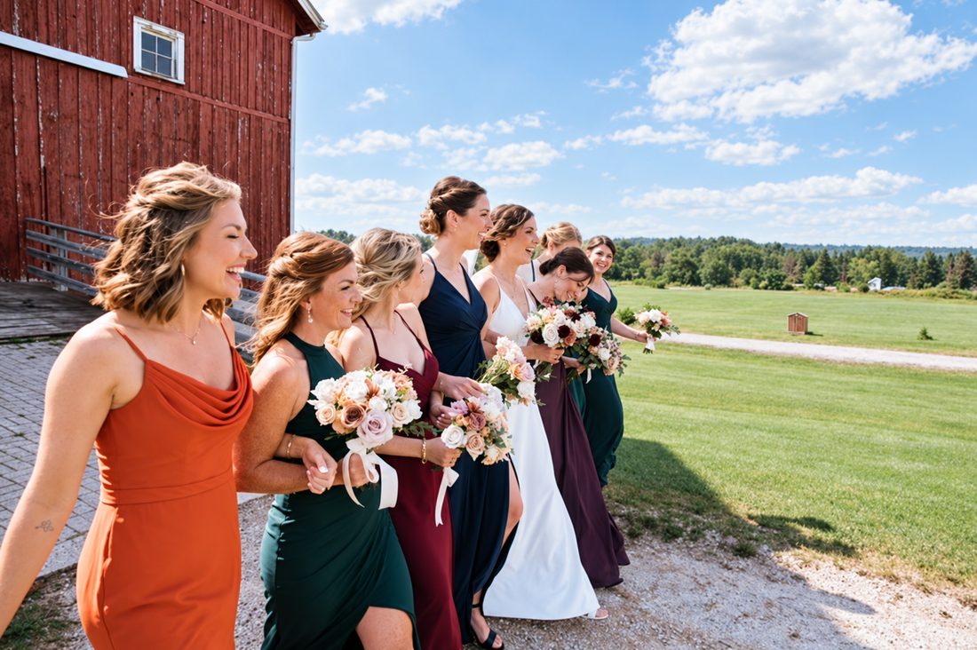A bride and bridesmaids walking outdoors beside a red barn on a sunny day, wearing coordinated dresses in rust orange, dark green, burgundy, white, and deep plum, each holding a bouquet.