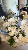 Butter Yellows and Blues flower bouquet with fresh yellow and blue blooms