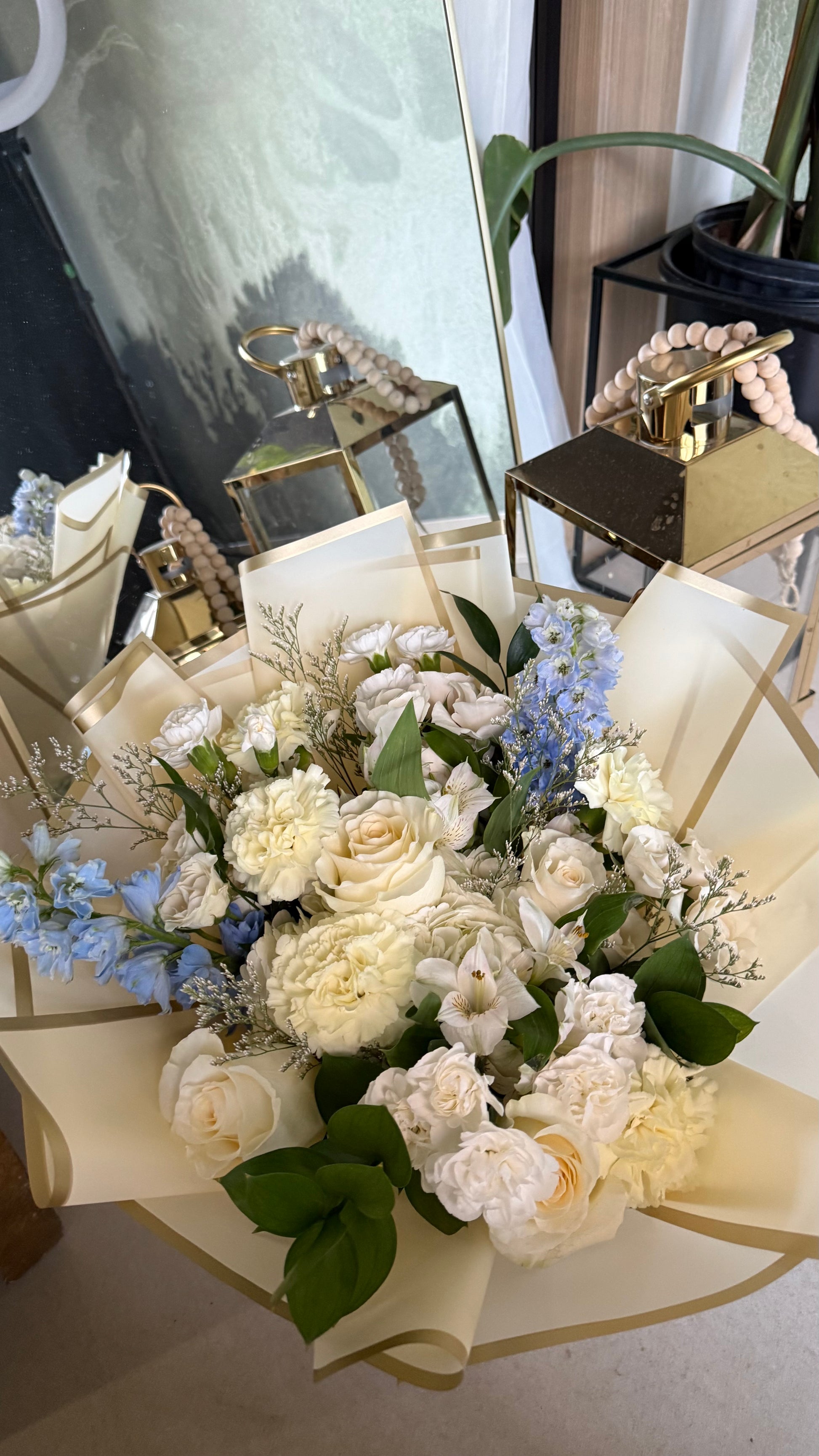 Butter Yellows and Blues flower bouquet with fresh yellow and blue blooms